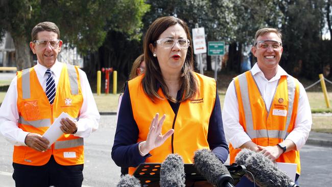 Queensland Treasurer Cameron Dick, Premier Annastacia Palaszczuk and Deputy Premier Steven Miles at a press conference at Incitec Pivot on Friday. Picture: NCA NewsWire/Tertius Pickard