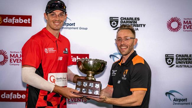 Desert Blaze captain Angus Lovell with NT cricket chief executive Gavin Dovey after the 2023 Strike League grand final. Picture: NT Cricket