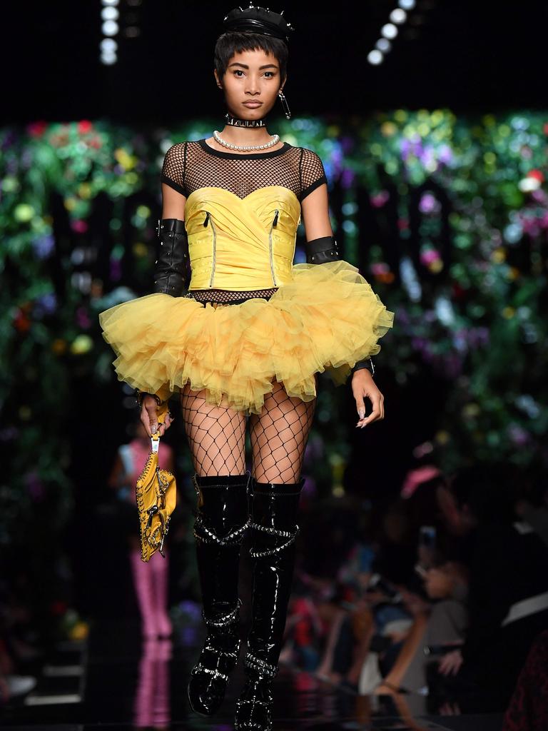 Jeremy Scott’s latest collection for Moschino celebrated the confluence of strength and femininity, mixing biker elements with dancer’s tutus, studs contrasting with ostrich feathers. Picture: AFP