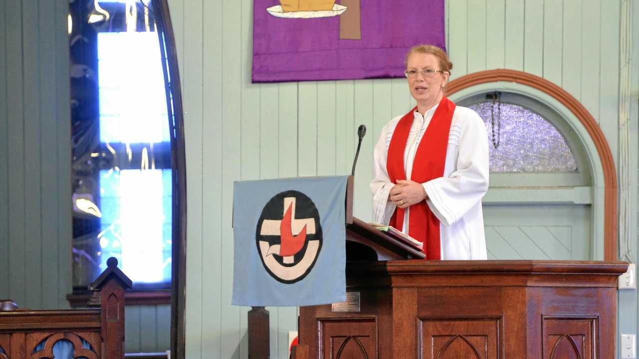 St Paul's Uniting Church Minister Rev Dr Julia Pitman delivers her Easter message at Friday's service. Picture: Tony Martin