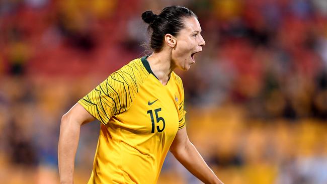 Emily Gielnik celebrates scoring her stunner against South Korea. Picture: Getty