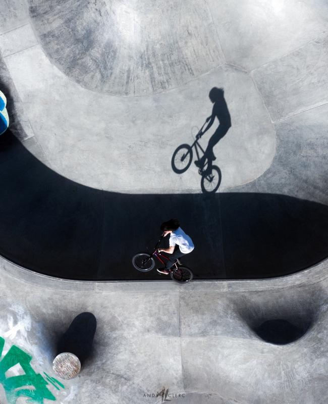 Edge Rider, New Britain, Connecticut. A BMX rider casts a shadow inside a concrete bowl. Picture: Andy Leclerc/2019 Drone Awards