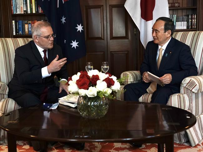 Prime Minister Scott Morrison holds a working breakfast and with the Prime Minister Suga of Japan. Picture: Adam Taylor via PMO