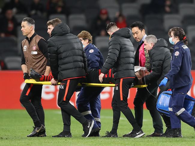 Wanderers star Nicolai Muller is stretchered off the field. Picture: Mark Kolbe/Getty Images