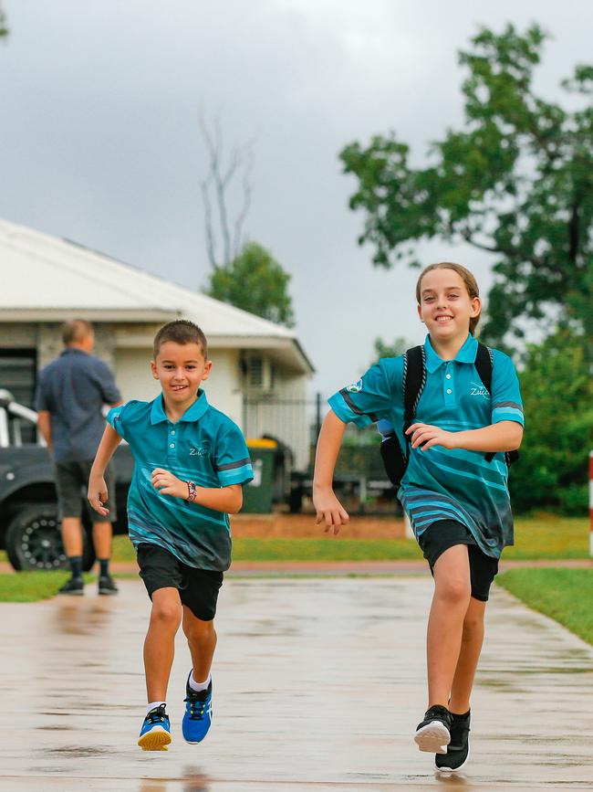 Chloe Sykes and Jack Mikaelian on the first day of school at Zuccoli Primary. Picture: GLENN CAMPBELL