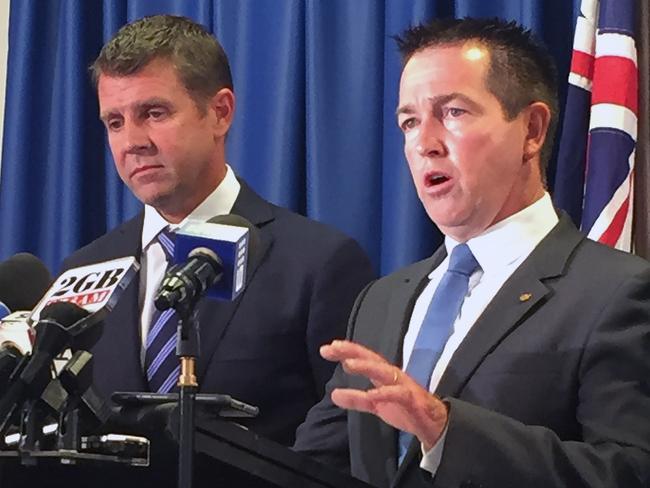 Premier Mike Baird and Local Government Minister Paul Toole during the announcement that 19 new councils would be created throughout the state. Picture: AAP Image/Stefanie Menezes.