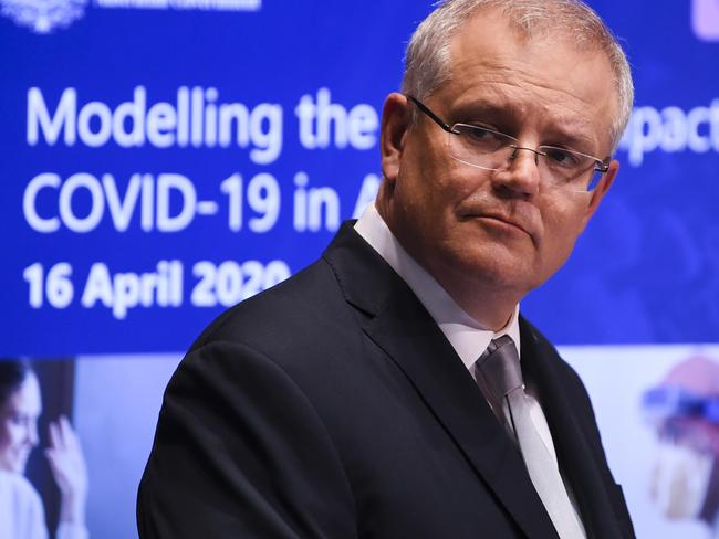 Australian Prime Minister Scott Morrison speaks to the media during a press conference at Parliament House in Canberra, Thursday, April 16, 2020. (AAP Image/Lukas Coch) NO ARCHIVING