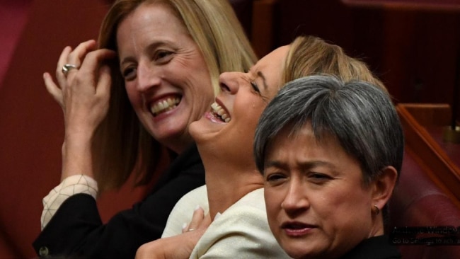 Labor senators Katy Gallagher, Kristina Keneally and Penny Wong don’t seem like mean girls at all