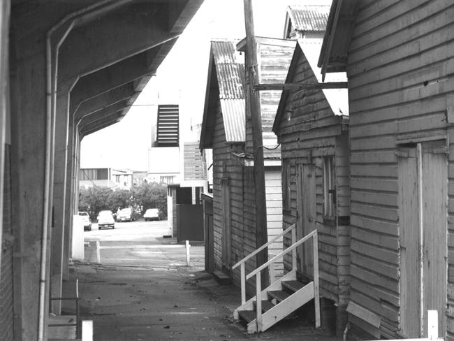 Old timber pavilions behind the new concrete grandstand at Brookvale Park in July 1989. Picture Manly Daily