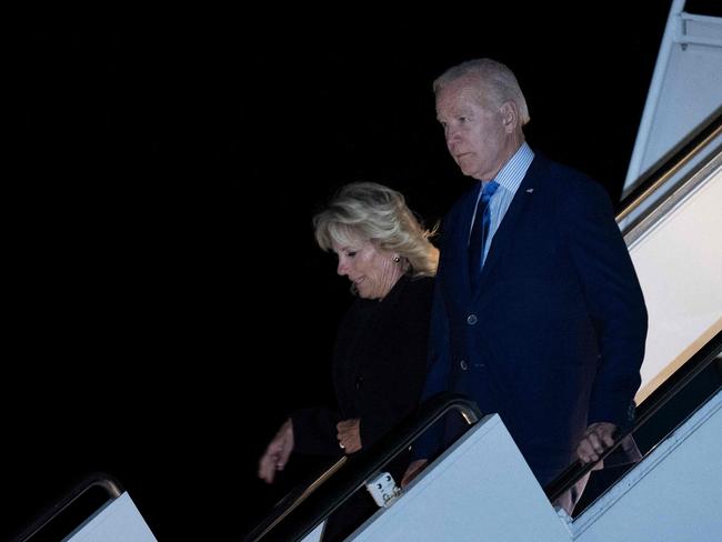 US President Joe Biden and First Lady Jill Biden arrive at London’s Stansted Airport. Picture: Brendan Smialowski / AFP