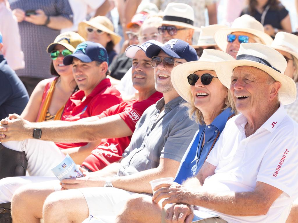 Nicole and Billy Slater, Nacho Figueras, Mike Tindall, Katie Page and Gerry Harvey at the Magic Millions barrier draw. Picture by Luke Marsden.