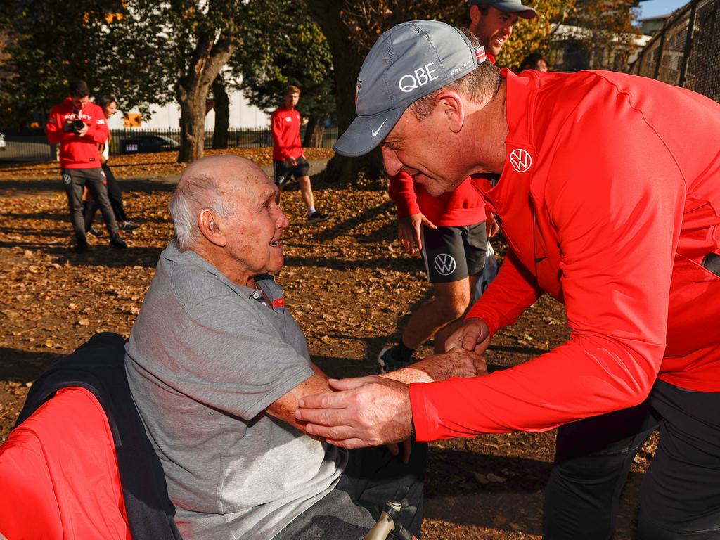 Bob Skilton and John Longmire in 2024. Picture: Michael Willson/AFL Photos via Getty Images.