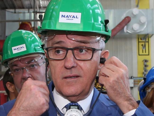 Australian Prime Minister Malcolm Turnbull is seen during a visit to Naval Group Submarine Ship yard in Cherbourg, Sunday, July 9, 2017. Prime Minister Malcolm Turnbull is in France for a two-day official. (AAP Image/Kym Smith/Pool) NO ARCHIVING