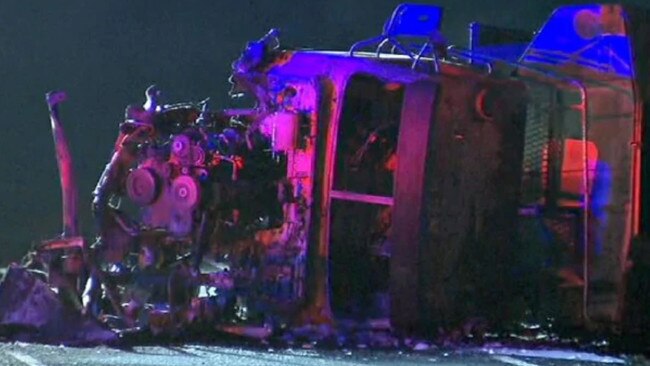 The burnt out truck at the scene of the crash on the Bunya Highway at Kumbia.