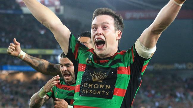 Luke Keary celebrates an Adam Reynolds try during the NRL Grand Final between South Sydney Rabbitohs and Canterbury Bulldogs at ANZ Stadium, Sydney. pic Mark Evans