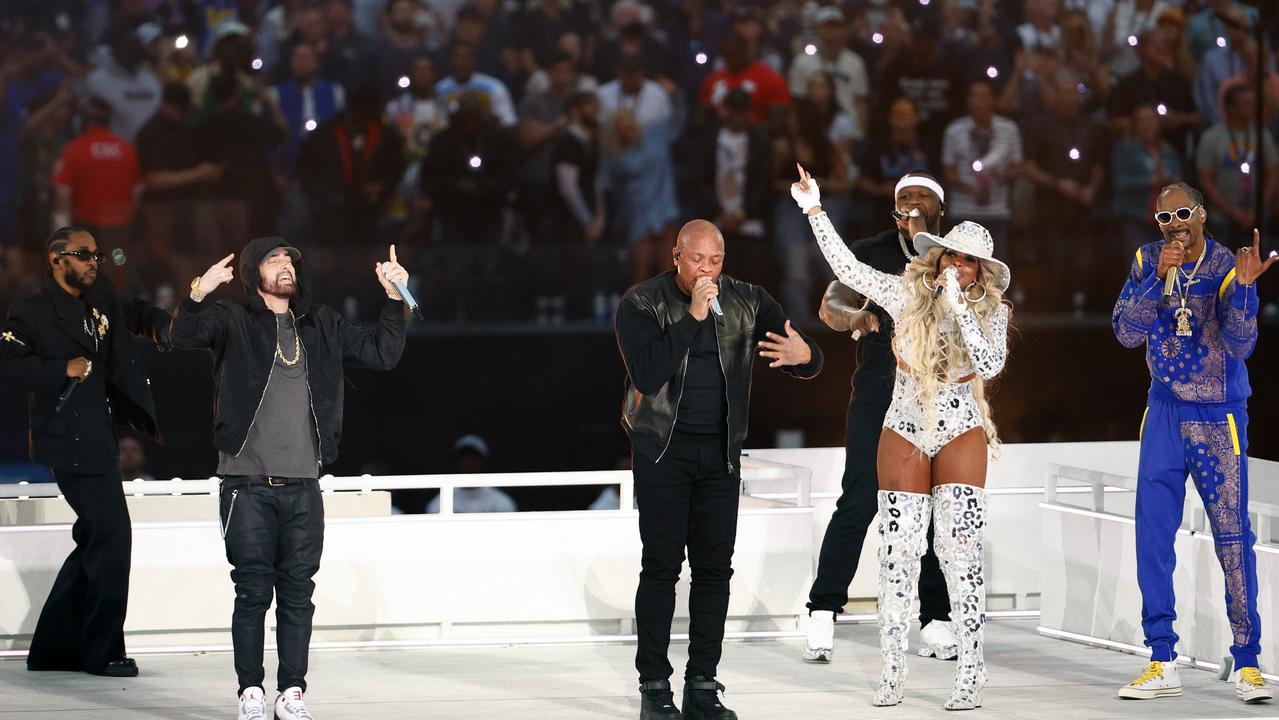 Kendrick Lamar, Eminem, Dr. Dre, 50 Cent, Mary J. Blige, and Snoop Dogg performed during the Super Bowl Halftime Show on February 13, 2022. Picture: Getty Images.