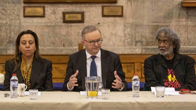 The roundtable was hosted by the Yes23 campaign with Rachael Perkins, left, Anthony Albanese and pastor Ray Minniecon. Picture: NCA NewsWire / Simon Bullard