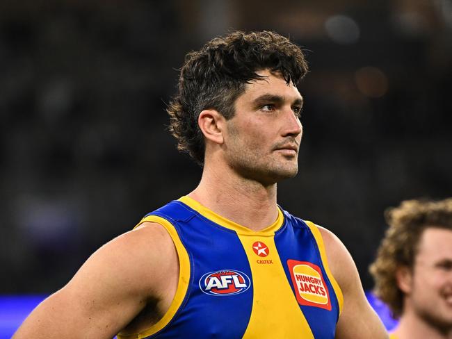 PERTH, AUSTRALIA - JULY 27: Tom Barrass of the Eagles looks on after the loss during the 2024 AFL Round 20 match between the Fremantle Dockers and the West Coast Eagles at Optus Stadium on July 27, 2024 in Perth, Australia. (Photo by Daniel Carson/AFL Photos via Getty Images)