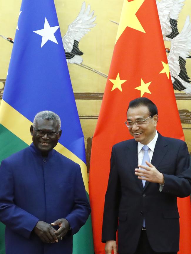 Solomon Islands Prime Minister Manasseh Sogavare and Chinese Premier Li Keqiang in Beijing, China, in 2019. Picture: Thomas Peter-Pool/Getty