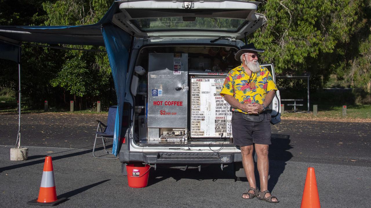 Bill Richardson is the proprietor of Cairns pie business, ‘Bushman Pies’. Billl also operates a bake shop, but says that sales during the covid outbreak from the old pie van on the side of the Highway opposite Cairns Airport is the icing on the cak, or the sauce on the pie! Picture: Brian Cassey