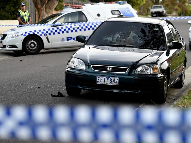 Police investigate after a body was found in a burning car in Dawn avenue, Dandenong. Picture: Nicole Garmston