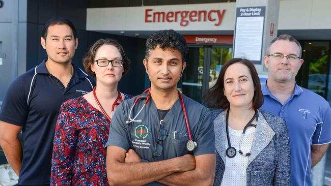 THE RAH EDGE: Occupational therapist Cuong Phan, geriatrician Dr Alicia Innis, emergency specialist Dr Thiru Govindan, geriatrician Dr Alice Bourke and physiotherapist Joe Maloney. Picture: Brenton Edwards/AAP