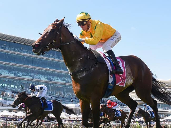 Estriella ridden by Blake Shinn wins the Inglis Sprint at Flemington Racecourse on March 02, 2024 in Flemington, Australia. (Photo by Reg Ryan/Racing Photos via Getty Images)