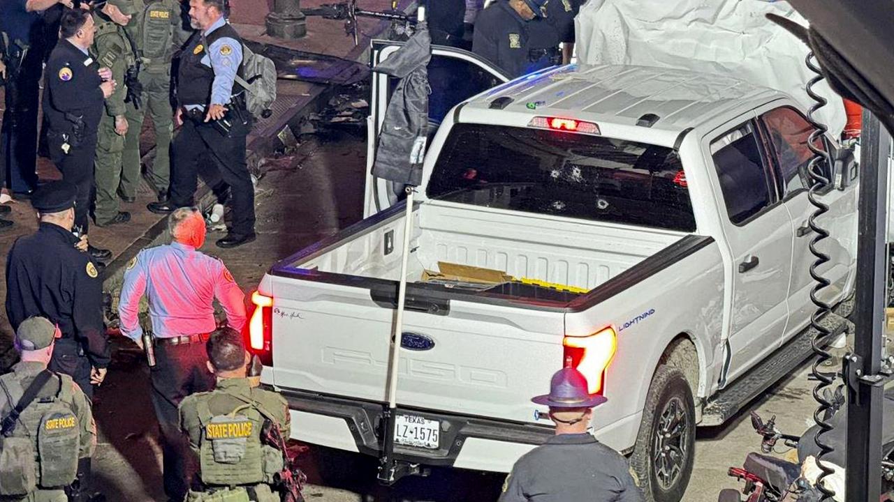 Police and investigators beside the vehicle driven by Shamsud-Din Jabbar in his attack on revellers in New Orleans. Picture: Supplied