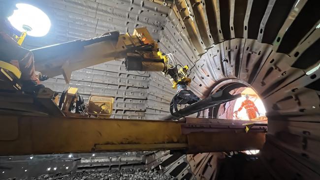 An interior shot a Russell Mineral Equipment Mill Relining Machine.