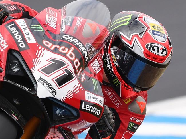 PHILLIP ISLAND, AUSTRALIA - FEBRUARY 24: Nicolo Bulega of Italy and Aruba.it Ã¢â¬â Ducati during the warm up session for the World Superbikes in the World Superbikes Championship at Phillip Island Grand Prix Circuit on February 24, 2024 in Phillip Island, Australia. (Photo by Robert Cianflone/Getty Images)