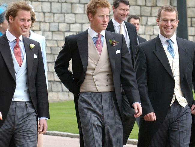 Peter Phillips (far right) will walk in-between his cousins Prince William and Prince Harry at Prince Philip’s funeral. Picture: AP