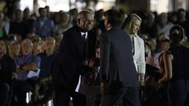 Prime Minister Scott Morrison shakes hands with deputy opposition leader Richard Marles. Picture: Tim Hunter