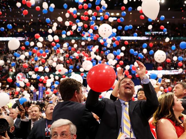 CLEVELAND, OH - JULY 21: Balloons fall over the crowd at the end of the Republican National Convention on July 21, 2016 at the Quicken Loans Arena in Cleveland, Ohio. Republican presidential candidate Donald Trump received the number of votes needed to secure the party's nomination. An estimated 50,000 people are expected in Cleveland, including hundreds of protesters and members of the media. The four-day Republican National Convention kicked off on July 18.   John Moore/Getty Images/AFP == FOR NEWSPAPERS, INTERNET, TELCOS & TELEVISION USE ONLY ==