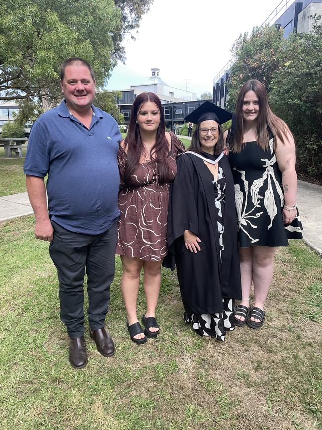 Bruce Glasgow, Claire Glasgow, Melissa Glasgow and Emily Glasgow at the Federation University Churchill Campus graduations on Tuesday, March 25, 2025. Picture: Jack Colantuono