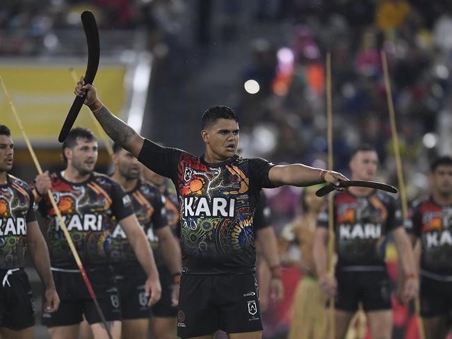 Latrell Mitchell leads the war cry during the Indigenous All Stars game in February. Picture: Ian Hitchcock/Getty Images