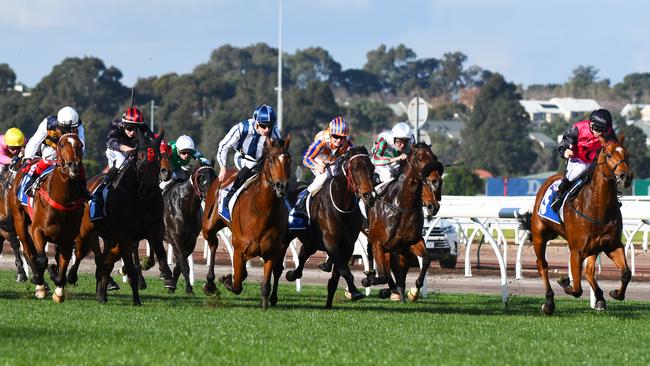 Mantastic (far left) stormed home to finish second to Barthelona last start. Barthelona has franked the form with a win at Flemington last weekend. Picture: Getty Images