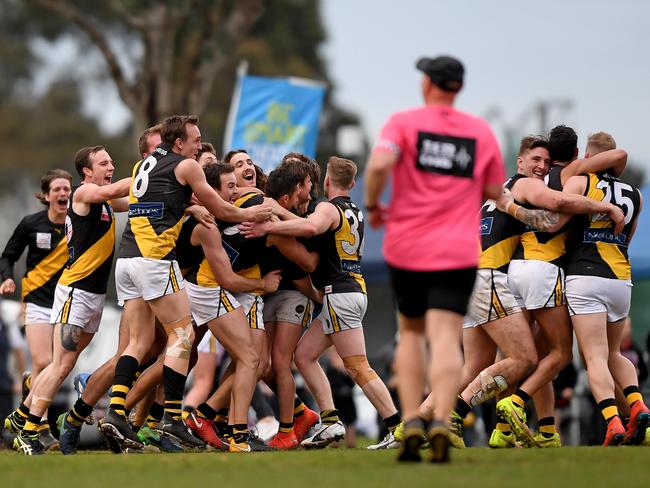 Mitcham celebrates its grand final win. Picture: Andy Brownbill