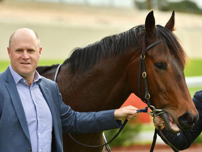 MELBOURNE, AUSTRALIA - JUNE 15: Trainer Danny O'Brien poses with Can't Be Done after winning in Race 1  during Melbourne Racing at Sandown Lakeside on June 15, 2019 in Melbourne, Australia. (Photo by Vince Caligiuri/Getty Images)