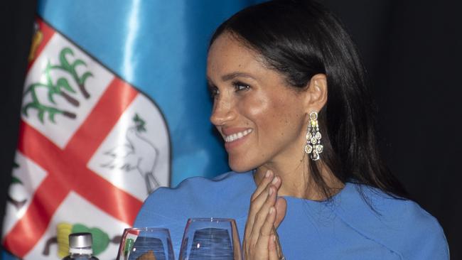 Meghan wears the earrings gifted by Bin Salman in Suva, Fiji, 2018 … Picture: Ian Vogler – Pool/Getty Images