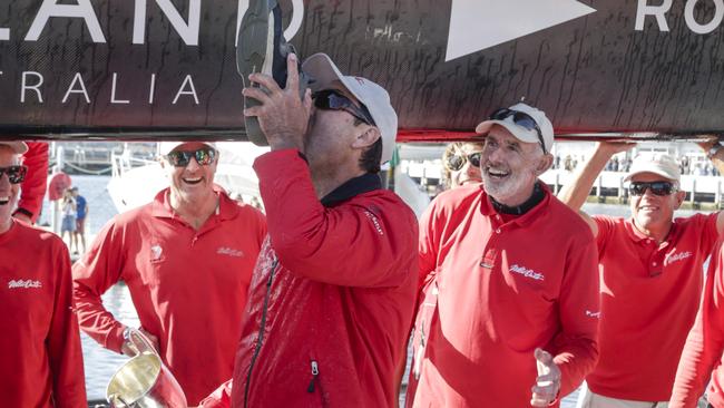 Richards breaks out the bubbly as he and his crew celebrate. Picture: Getty Images