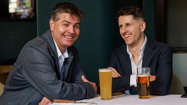 Stu Laundy (left) sits down for a meal and a High Steaks interview with journalist Joshua Hanrahan. Picture: Justin Lloyd