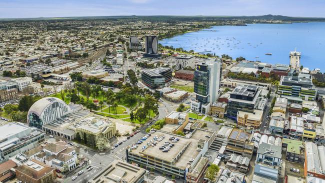 An aerial photo taken of Geelong’s central business district and Corio Bay in late 2022.