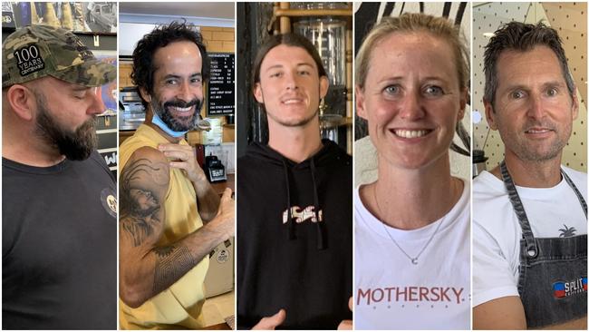 Coffs Harbour cafe owners (from left) Mark O'Connell, Matheus Ponciano Maricel, Jade Northey, Brooke Welch and Danny Lupinksi are building their businesses.