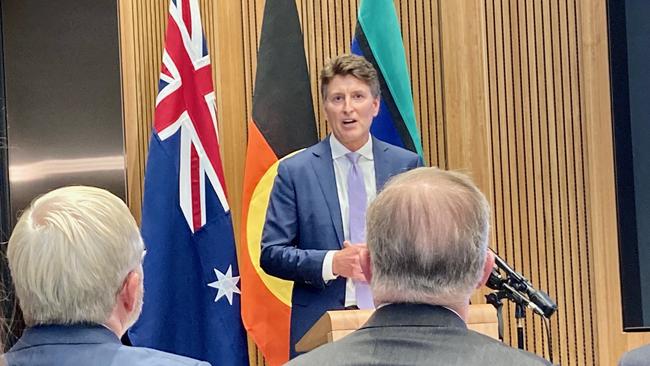 Microsoft Australia-NZ managing director Steven Worrall announces the company’s $5bn investment in Australia as Kevin Rudd and Anthony Albanese look on.