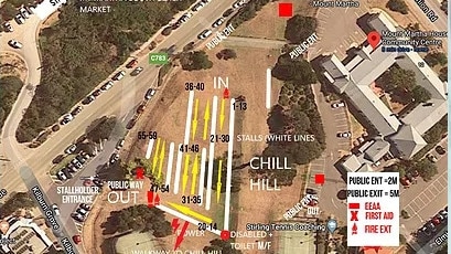 Market map showing Chill Hill and one way flow through the stall area.