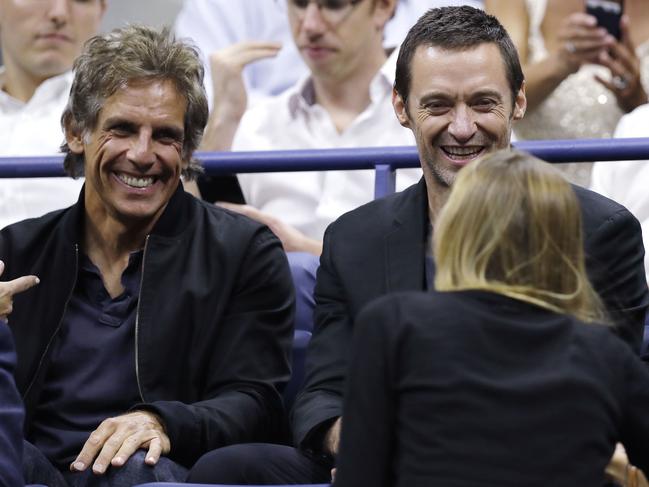 Ben Stiller and Hugh Jackman smile as they chat with Jelena Djokovic, wife of Novak Djokovic, prior to a match between Novak Djokovic of Serbia and Jo-Wilfried Tsonga of France on Day Nine of the 2016 US Open at the USTA Billie Jean King National Tennis Center on September 6, 2016. Picture: AP
