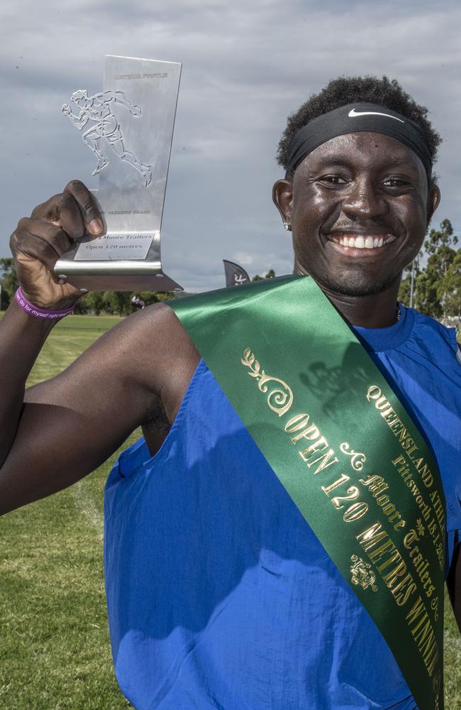 Anas Abu Ganaba winner of the Moore Trailers 120 metres open. The Arthur Postle Gift at Pittsworth. Saturday 18th January, 2025. Picture: Nev Madsen.