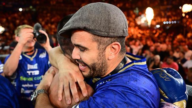 Omar Iferd embracing Tszyu after his TKO ninth-round victory of Tony Harrison. Photo: Instagram