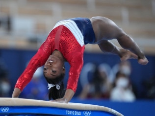 TOKYO, JAPAN - JULY 27: Simone Biles of Team US competes during the Women's Team Final of the Tokyo 2020 Olympic Games at Ariake Gymnastics Centre in Tokyo, Japan on July 27, 2021. (Photo by Mustafa Yalcin/Anadolu Agency via Getty Images)