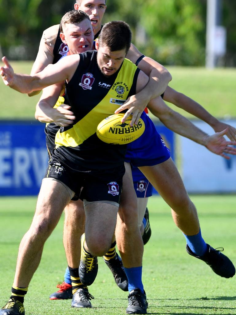 Townsville AFL grand final at Riverway Stadium. Hermit Park Tigers against Thuringowa Bulldogs. Bulldogs Brock Wilson and Tigers McKye Turner. Picture: Evan Morgan